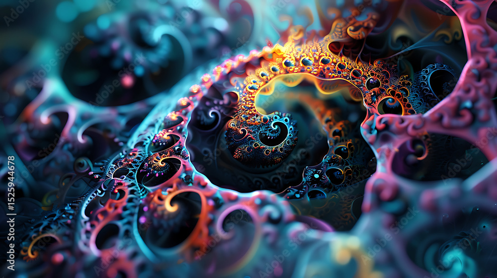 Poster An intricate fractal design featuring swirling patterns and vibrant colors, creating a mesmerizing abstract composition with a psychedelic and artistic feel