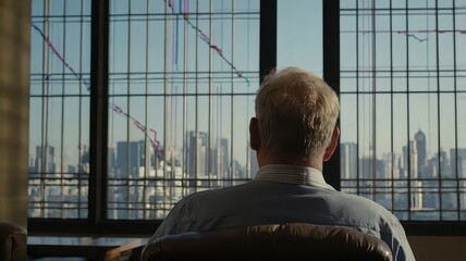 Man sitting in chair looking out window at city skyline with falling stock market charts displayed