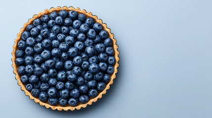 Blueberry tart on a light blue background.