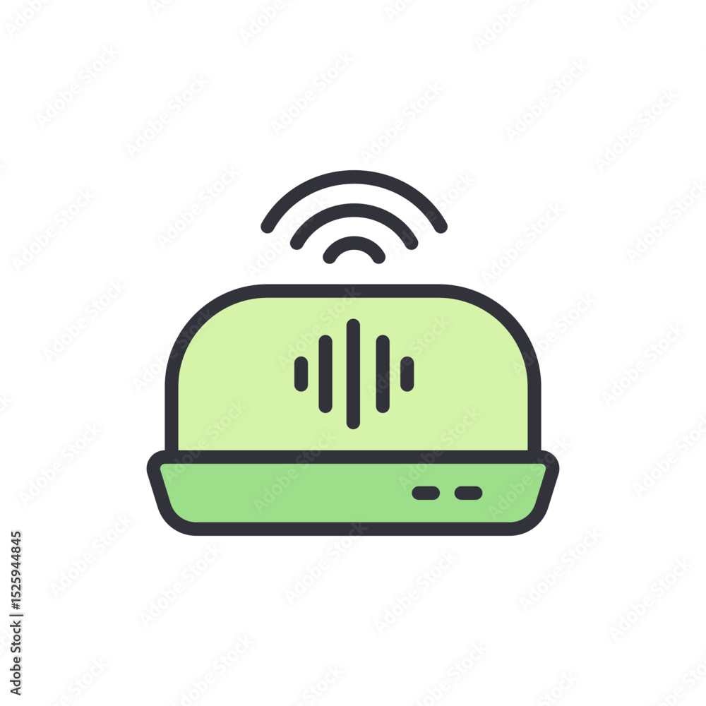 Poster stylized digital assistant device with sound waves and wifi signal