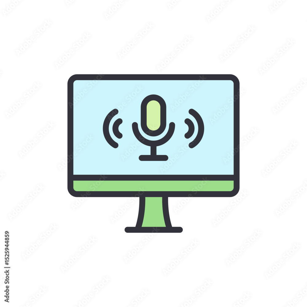 Poster stylized computer screen displaying microphone with sound waves icon