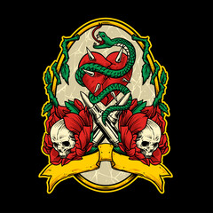 Rose Skull Snake Vintage Badge Vector Illustration