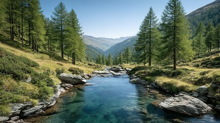 Clear mountain stream winding through lush greenery.
