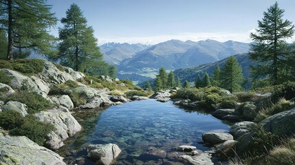 Mountain lake nestled among rocks and trees.