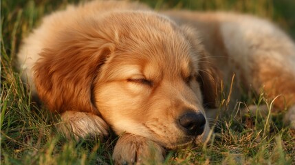 Golden retriever puppy resting in grass, side view, warm light. Peaceful moment of a joyful pet.
