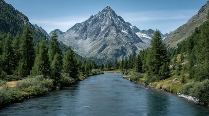 A serene mountain river winds through a lush valley.