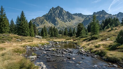 Mountain stream flowing through a valley with towering peaks.