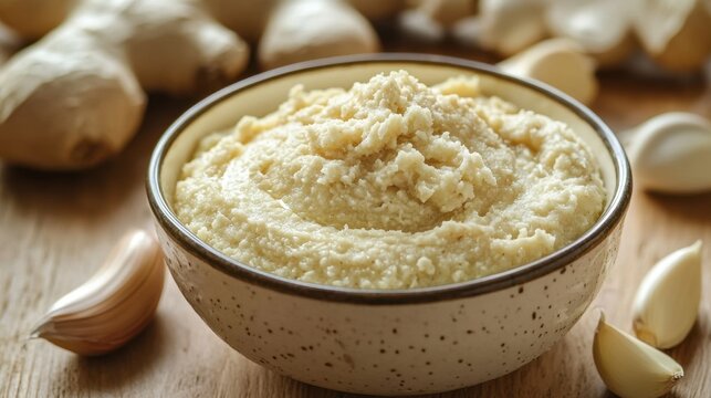 Bowl of freshly blended garlic and ginger paste on wooden kitchen counter