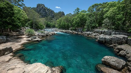 Crystal-clear river flowing through rocky landscape.