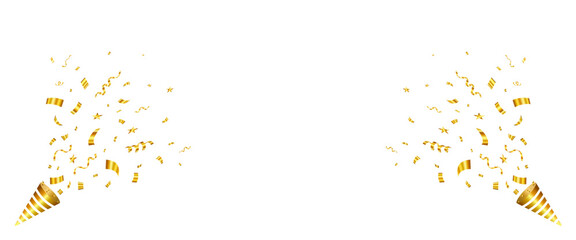 Gold popper explosion with confetti and ribbon, Golden confetti with party poppers isolated. birthday, anniversary. Vector illustration.