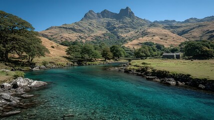 Crystal-clear river winding through a valley beneath mountains.