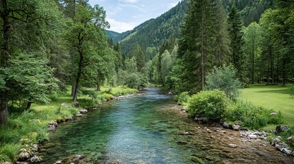 A tranquil river winding through a lush forest valley.