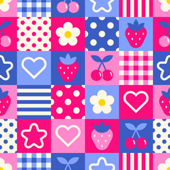 Cute geometric flower, berry fruit, heart and star seamless square pattern design background.