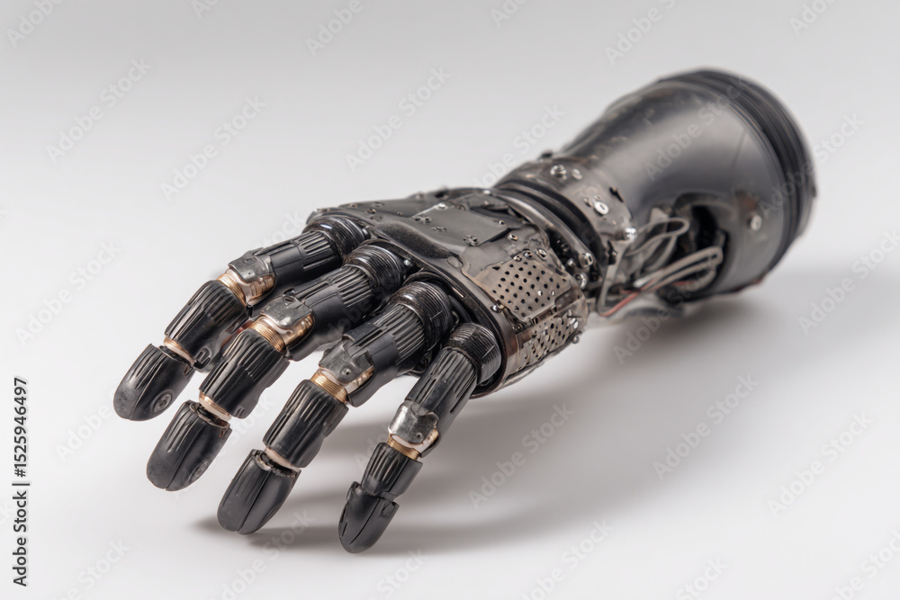Poster a close up of a black robotic hand with intricate details on a white background in a studio setting