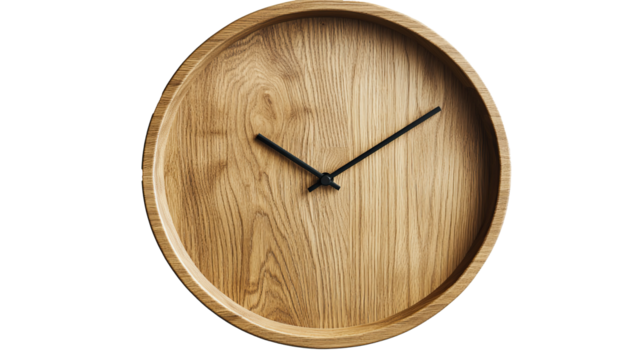 Round wooden wall clock with natural texture on transparent background, suitable for depicting time and business. PNG