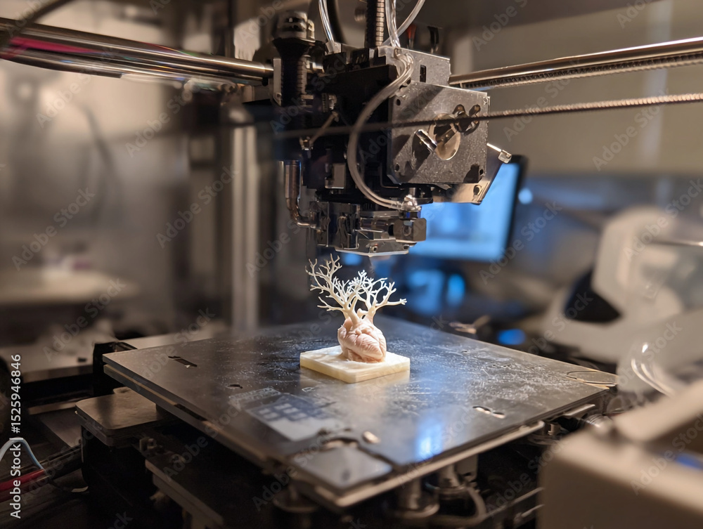 Poster a close up of a d printer creating a heart with a tree structure on top in a laboratory setting