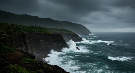 Dramatic Coastal Cliffs with Ocean Waves under Stormy Skies