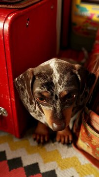 Curious Dachshund Puppy Hiding Behind Red Luggage