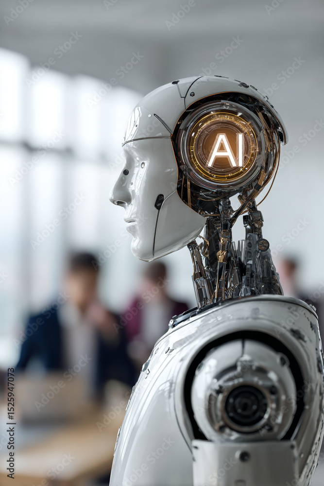Poster a close up of a white robot with ai displayed on its head and people blurred in the background