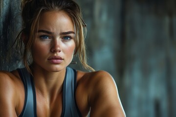 Fitness woman looking tired after intense workout, reflecting on the hard work and progress made during the challenging fitness session, Generative AI