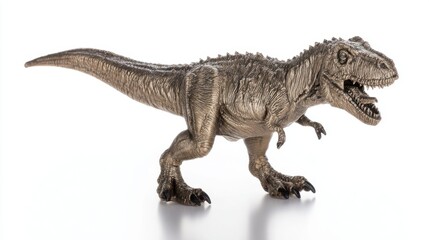 Obraz premium Detailed metallic bronze Tyrannosaurus rex toy model with textured skin, wide open mouth showcasing sharp teeth, lifelike fierce expression, clawed arms, powerful hind legs, extended tail, and menacin