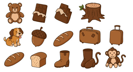 set of brown color objects for kids learning colors. Includes illustrations of common brown items such as a teddy bear, chocolate bar, tree trunk, dog, acorn, loaf of bread, suitcase, boots