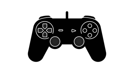 a black game controller icon. Trendy flat style, minimal and modern design, isolated on white background. Suitable for website design, logo, app UI, or mobile game interface. Includes joystick