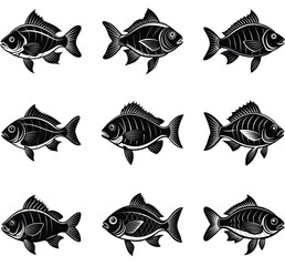 Nine black and white fish illustrations