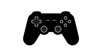 a black game controller icon. Trendy flat style, minimal and modern design, isolated on white background. Suitable for website design, logo, app UI, or mobile game interface. Includes joystick