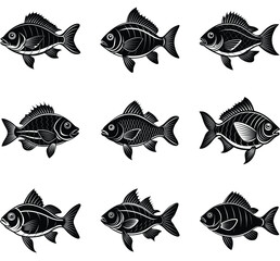 Nine black and white fish illustrations