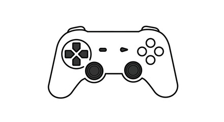 a black game controller icon. Trendy flat style, minimal and modern design, isolated on white background. Suitable for website design, logo, app UI, or mobile game interface. Includes joystick