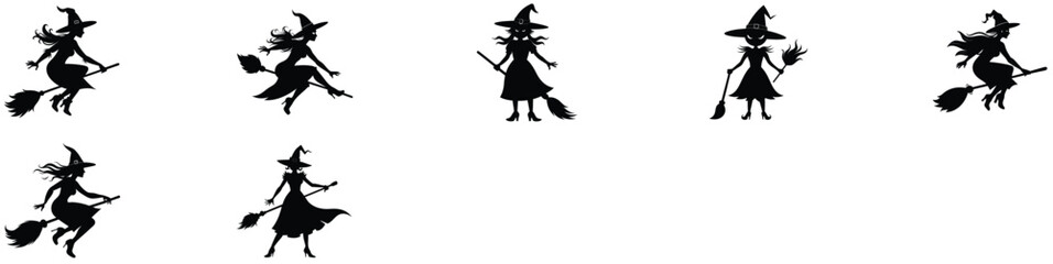 Six silhouettes of witches on broomsticks for halloween