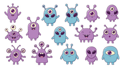  cute kawaii alien characters, with big eyes, pastel colors, and expressive faces. Each alien has a unique shape—some with antennae, others with multiple arms or eyes. Set against a white background, 
