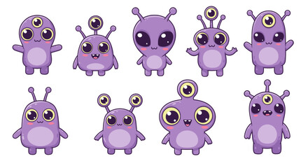  cute kawaii alien characters, with big eyes, pastel colors, and expressive faces. Each alien has a unique shape—some with antennae, others with multiple arms or eyes. Set against a white background, 