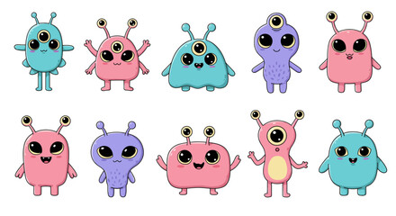  cute kawaii alien characters, with big eyes, pastel colors, and expressive faces. Each alien has a unique shape—some with antennae, others with multiple arms or eyes. Set against a white background, 