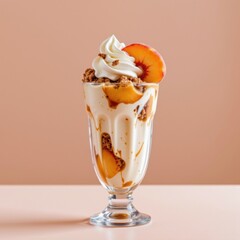 Refreshing peach and caramel ice cream sundae in a tall glass topped with whipped cream and peach slice against neutral background