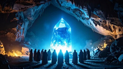 Monks congregate around a brilliant blue crystal formation inside a dark, rocky cave illuminated by flames and the crystal's glow
