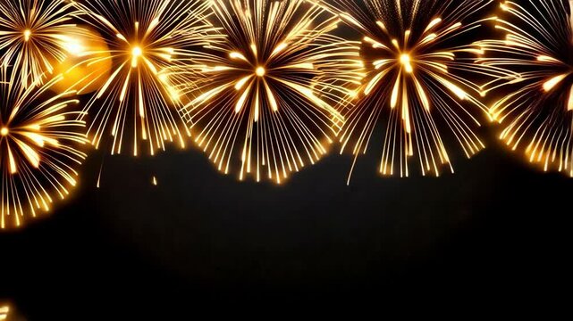 Festive golden fireworks and spheres frame dark background, celebration and holiday design element, abstract sparkling border