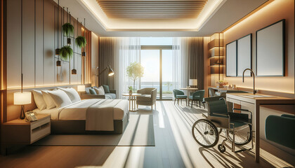 Modern hotel room with accessible features, wide doorways, grab bars, and a welcoming environment.