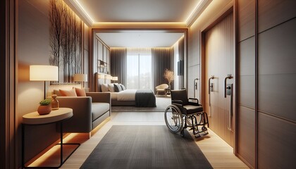 Modern hotel room with accessible features, wide doorways, grab bars, and a welcoming environment.
