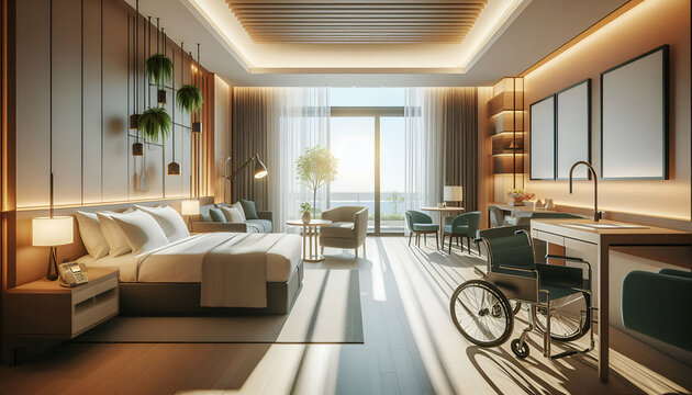 Modern hotel room with accessible features, wide doorways, grab bars, and a welcoming environment.