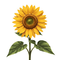 A vibrant sunflower with detailed petals and leaves, isolated on a white background, highly detailed, stock illustration.