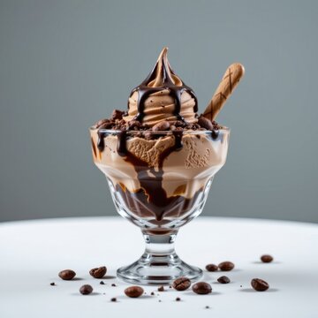 Delicious Chocolate Ice Cream Sundae Dessert in a Glass with Chocolate Drizzle and Waffle Cone Stick on Light Background