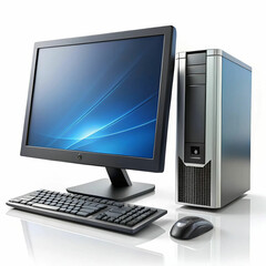 Fototapeta premium A desktop computer on a white background, featuring a monitor