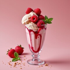 Delicious raspberry ice cream sundae with fresh raspberries mint leaves in a tall glass on pink background summer dessert hot weather treat sweet fruity flavor