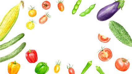 水彩で描いた夏野菜のフレーム