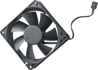 Naklejka premium black computer cooling fan and cable with 4 pin connector isolated white background, cooling electronic equipments