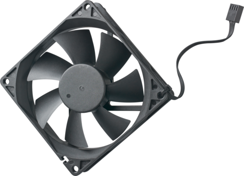 black computer cooling fan and cable with 4 pin connector isolated white background, cooling electronic equipments