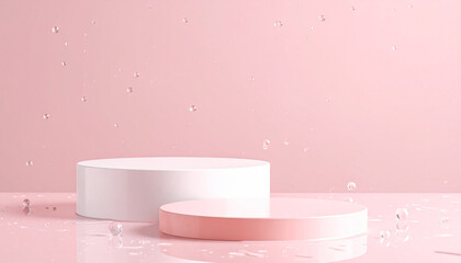 Bright exhibition stage with water on a pink background. Concept of space for product promotional sales presentation.