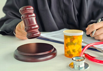 Courtroom setting with a judge making a ruling on case involving prescription medication and healthcare